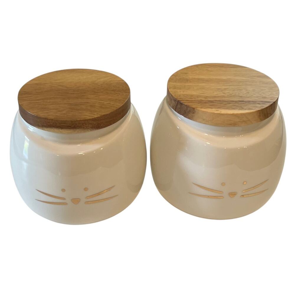Set of 2 Ceramic Cat Treat Jars Bamboo Lids White Gold Whiskers Pet Canisters